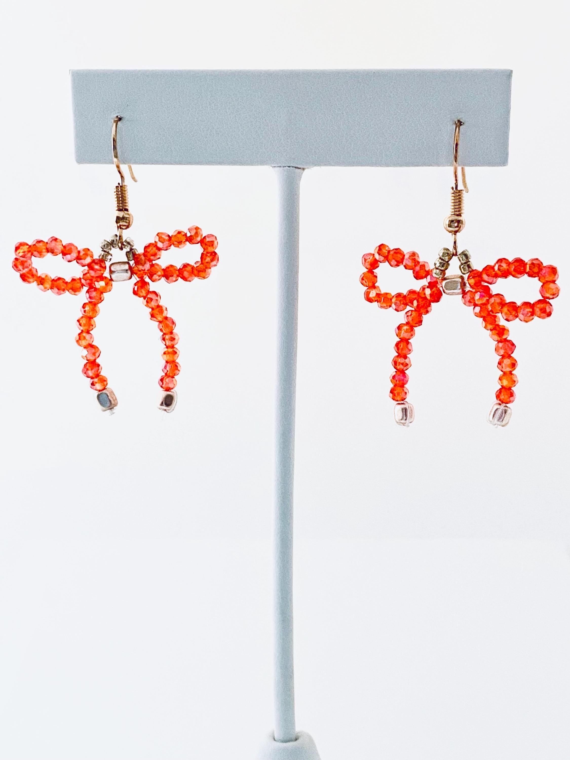 Halloween Crystal Bow Earrings, Orange Beaded Festive Jewelry