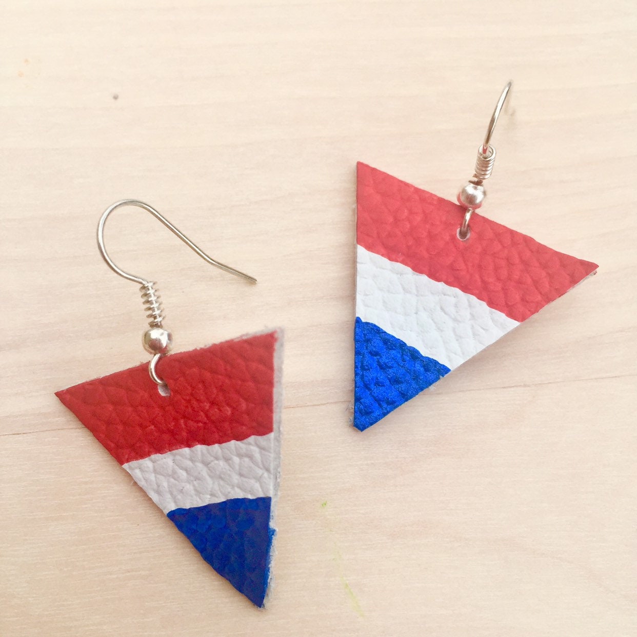 Handmade Leather Triangle Earrings, Red White Blue, Patriotic Jewelry