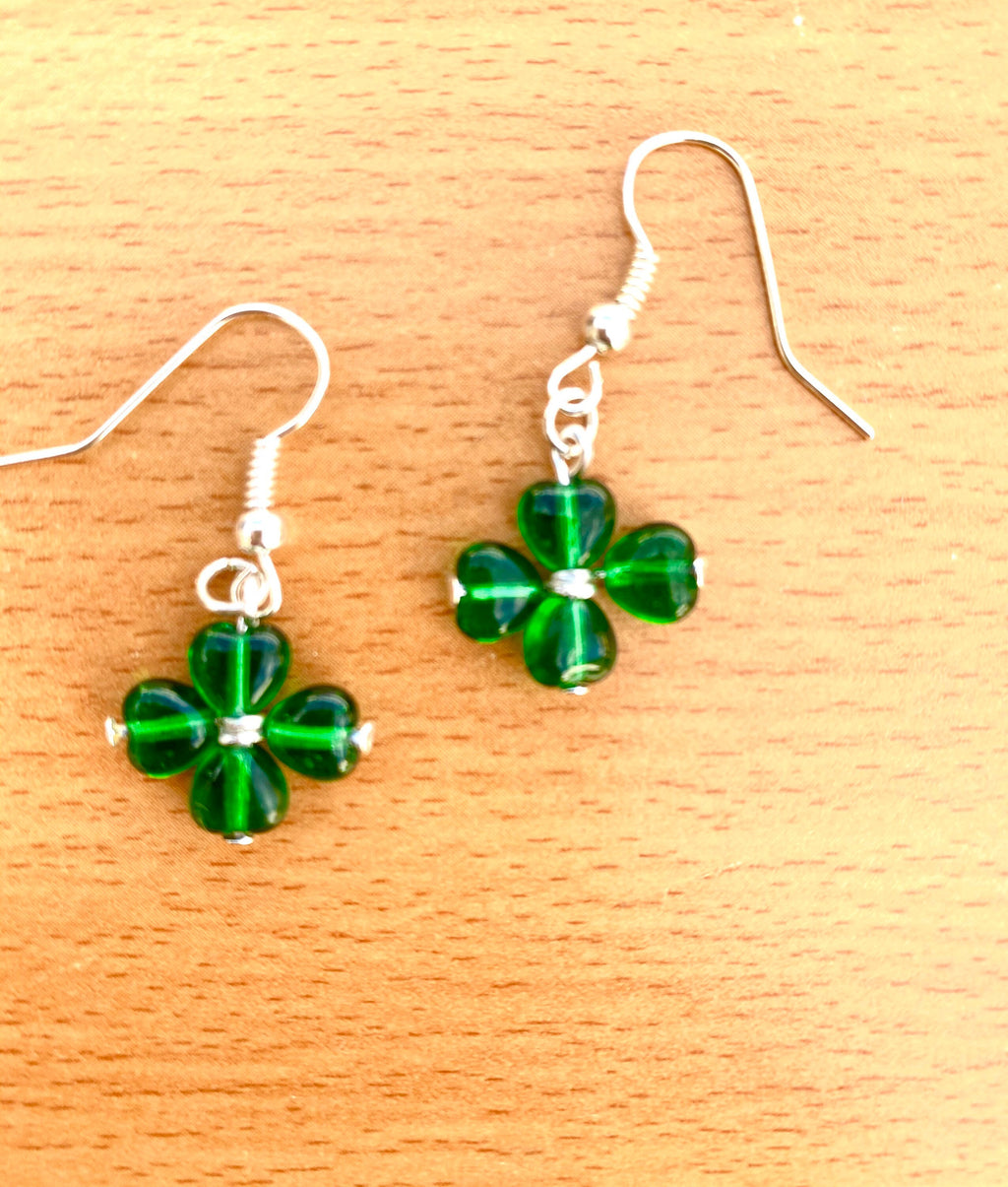 St. Patrick's Day Clover Earrings, Green Heart Beads, Irish Gift