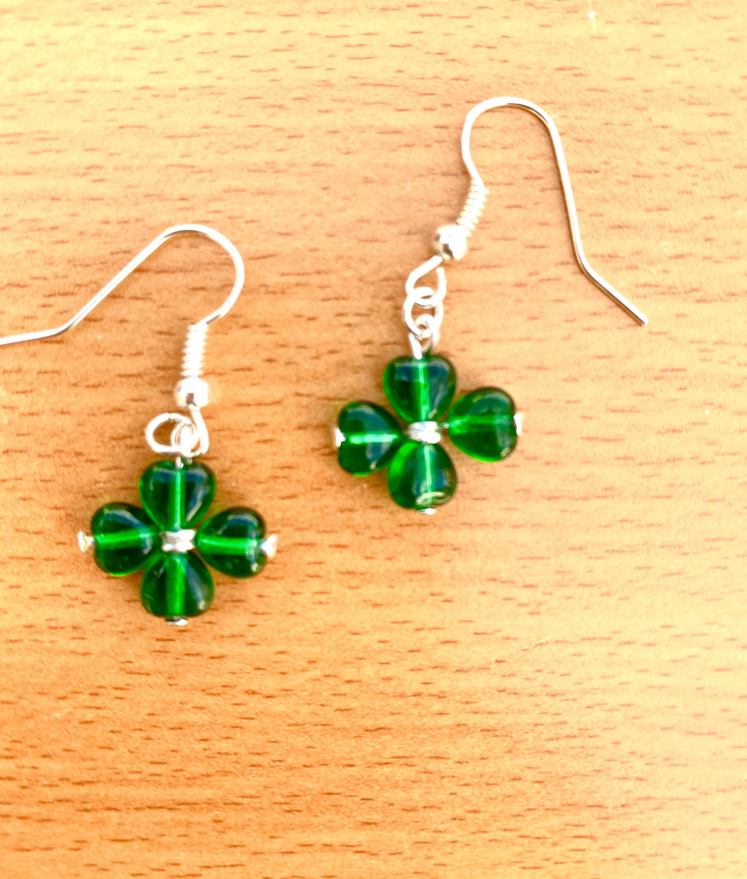 St. Patrick's Day Clover Earrings, Green Heart Beads, Irish Gift