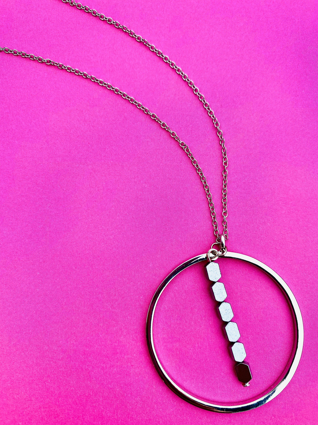 Silver Plated Circular Pendant Necklace with Hematite Beads, 30 Inch