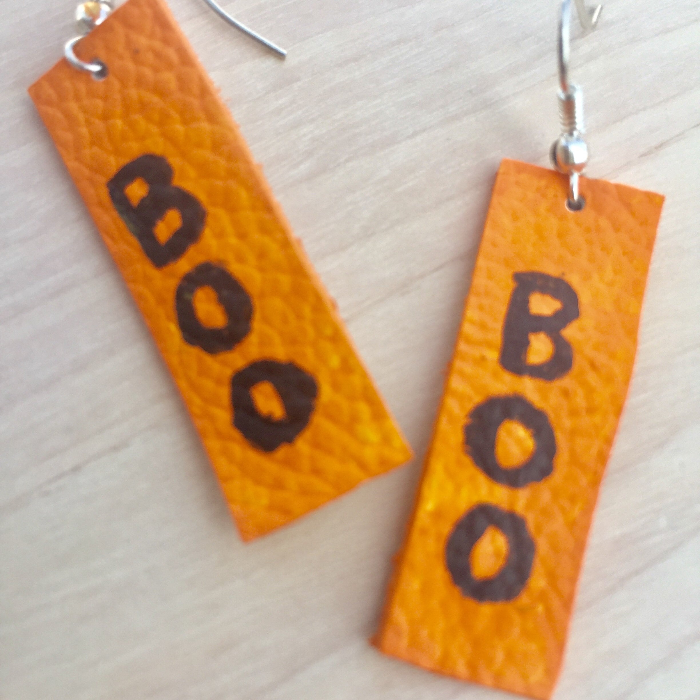 Halloween Leather Earrings, Hand-Painted 'Boo' Design, Spooky Chic
