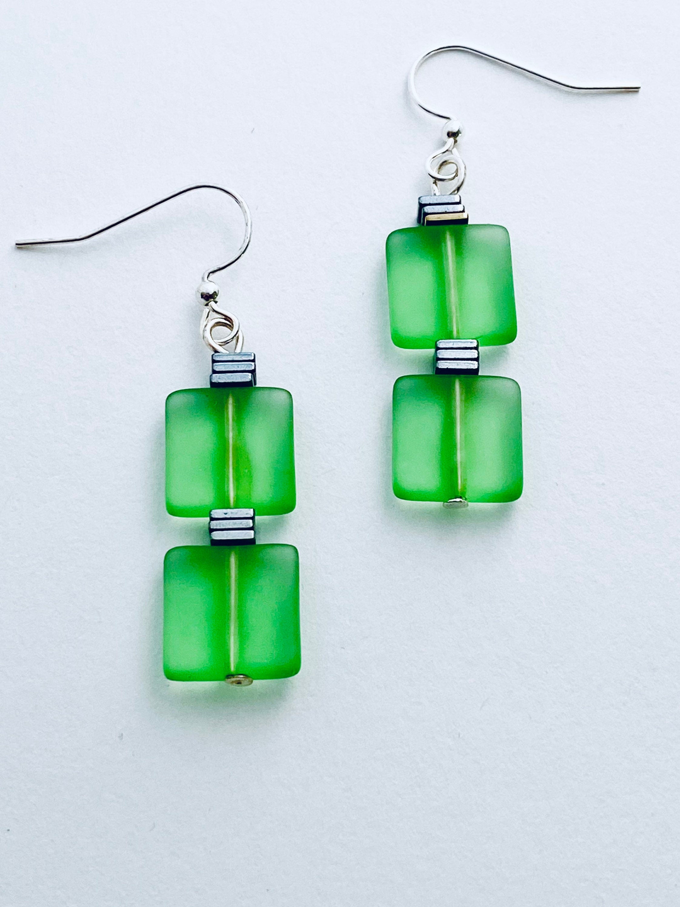 Green Sea Glass Dangle Earrings, Silver Plated Components