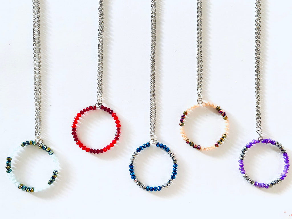 Crystal Circle Pendant Necklace, Silver Chain, Rondelle Beads