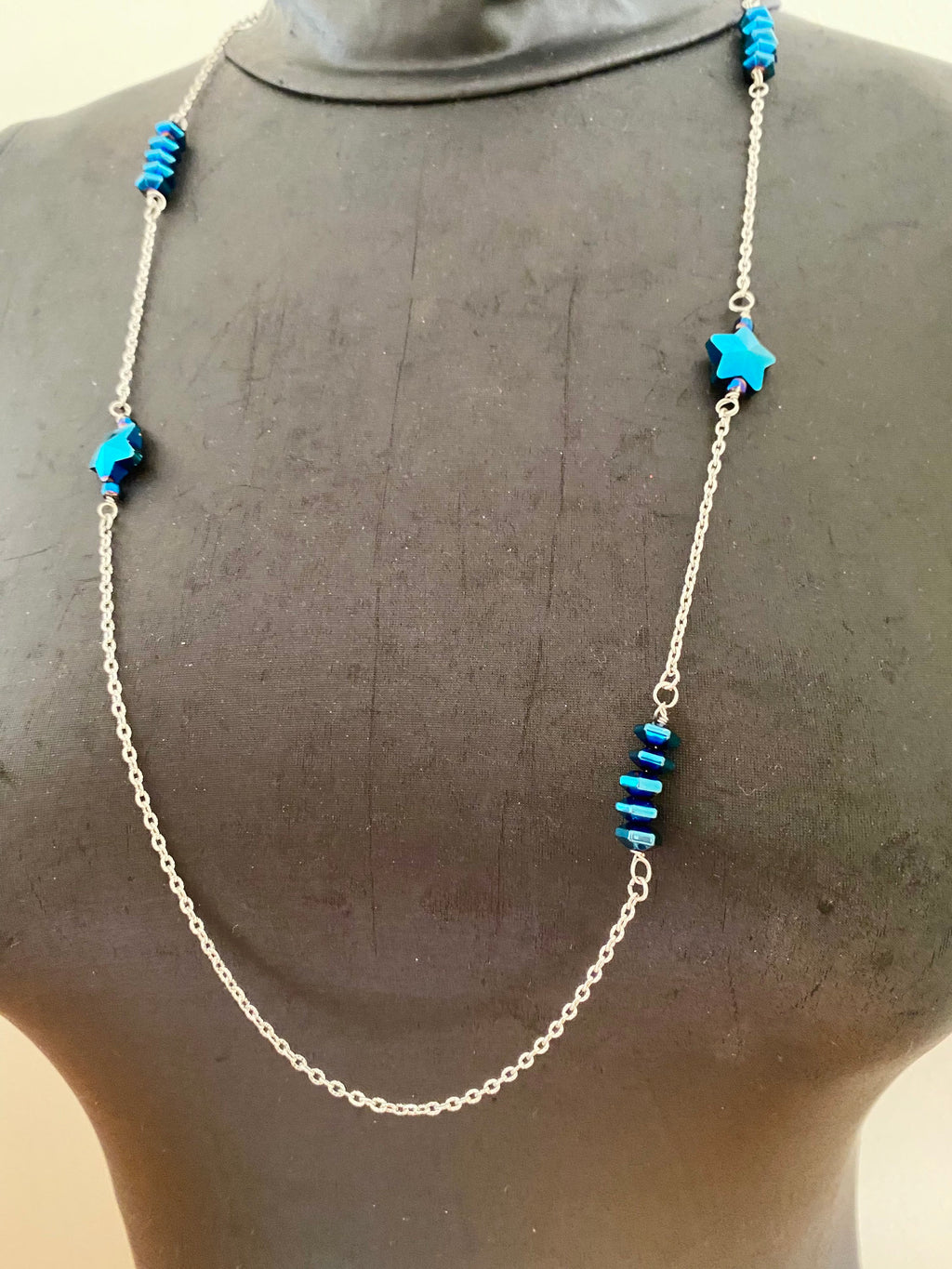Handmade Blue Iridescent Star Necklace, Silver Chain, Patriotic Jewelry