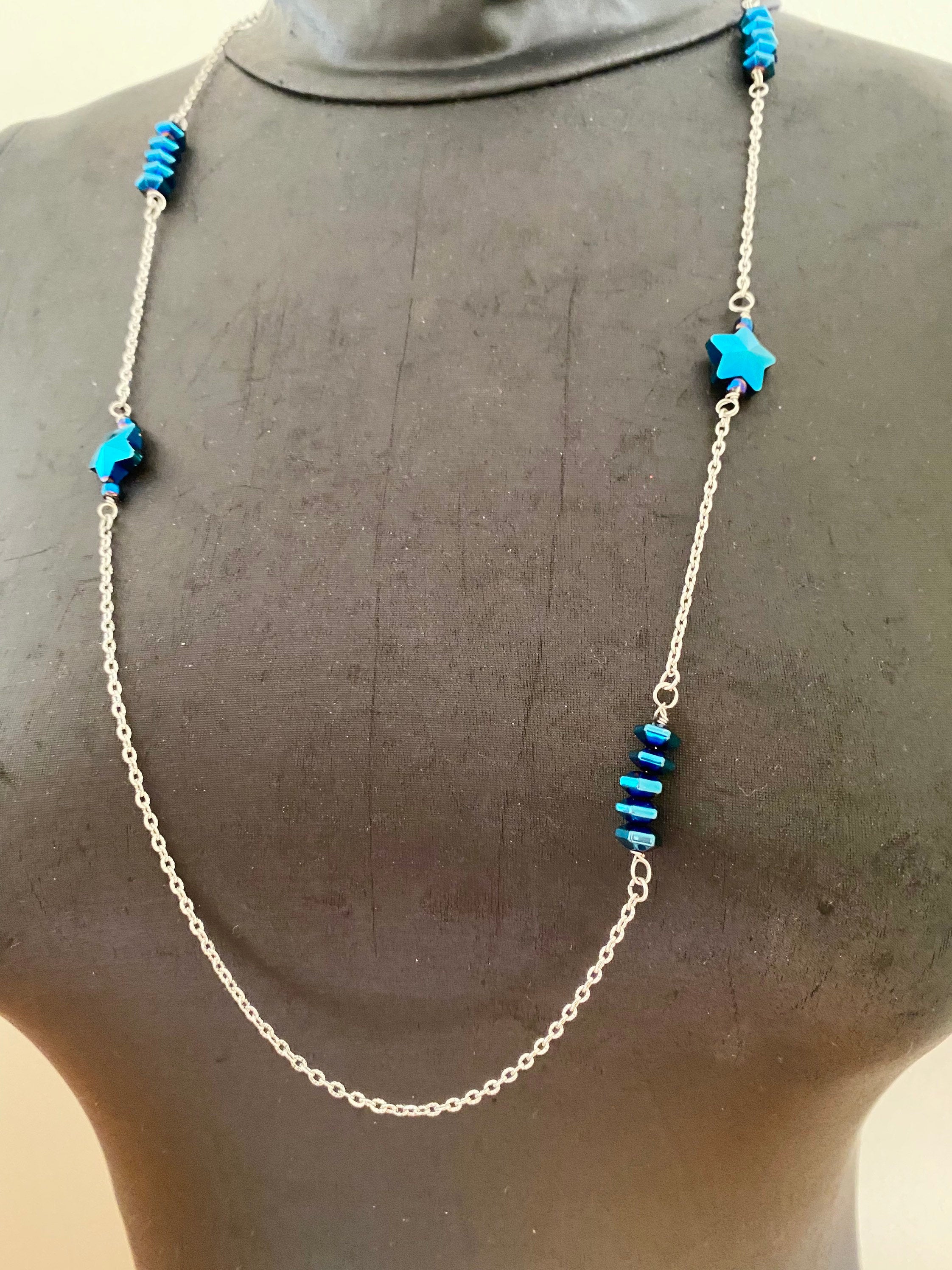 Handmade Blue Iridescent Star Necklace, Silver Chain, Patriotic Jewelry