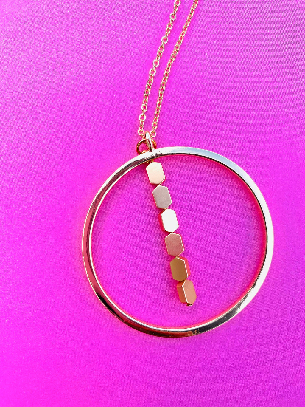 Gold Circular Pendant Necklace with Matte Hematite Beads, 30 Inch