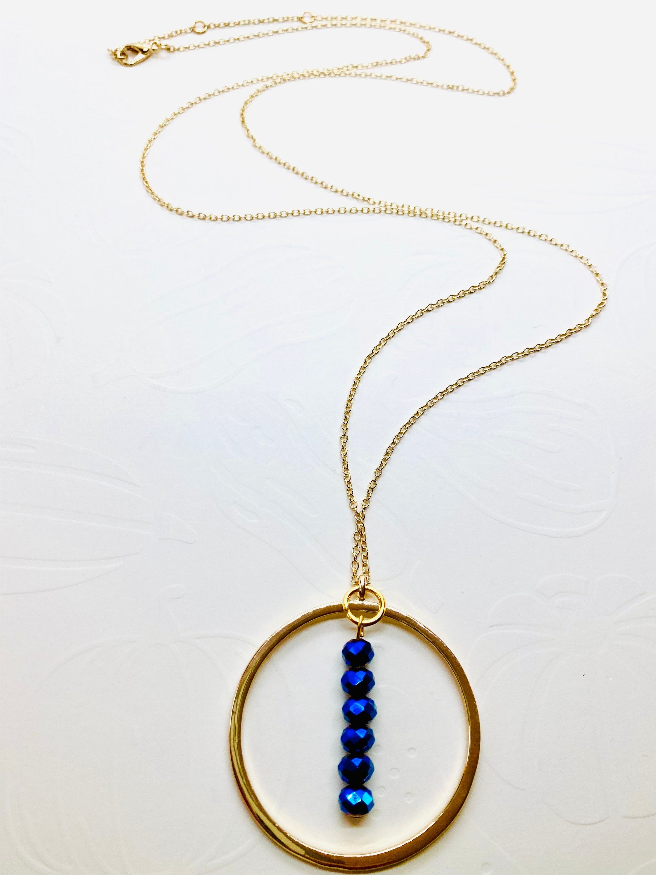 Electric Blue Beaded Pendant Necklace, Gold Plated Chain (30 inch)