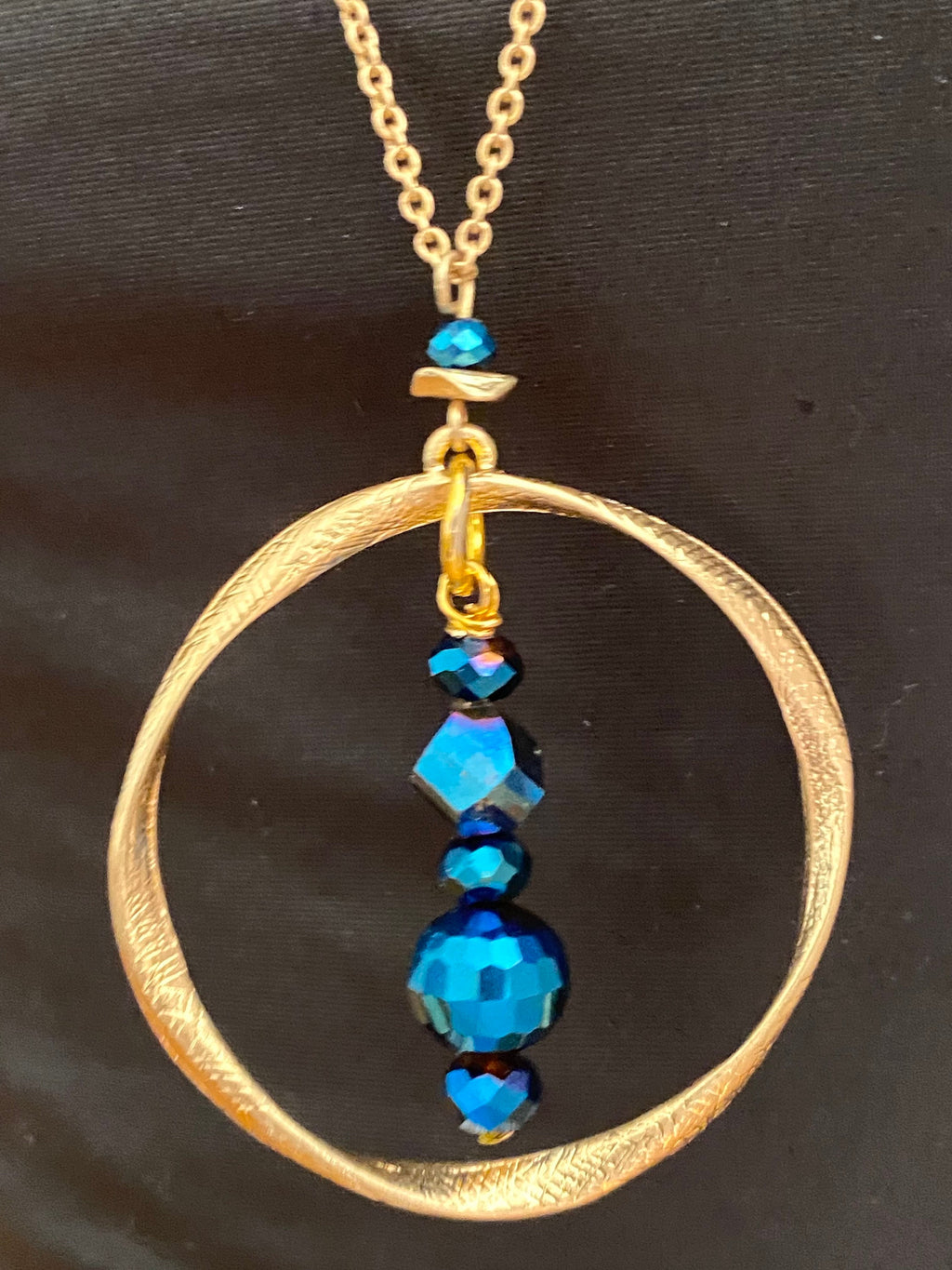 Royal Blue Crystal Pendant Necklace, Gold Plated Circular Necklace, 30 Inch