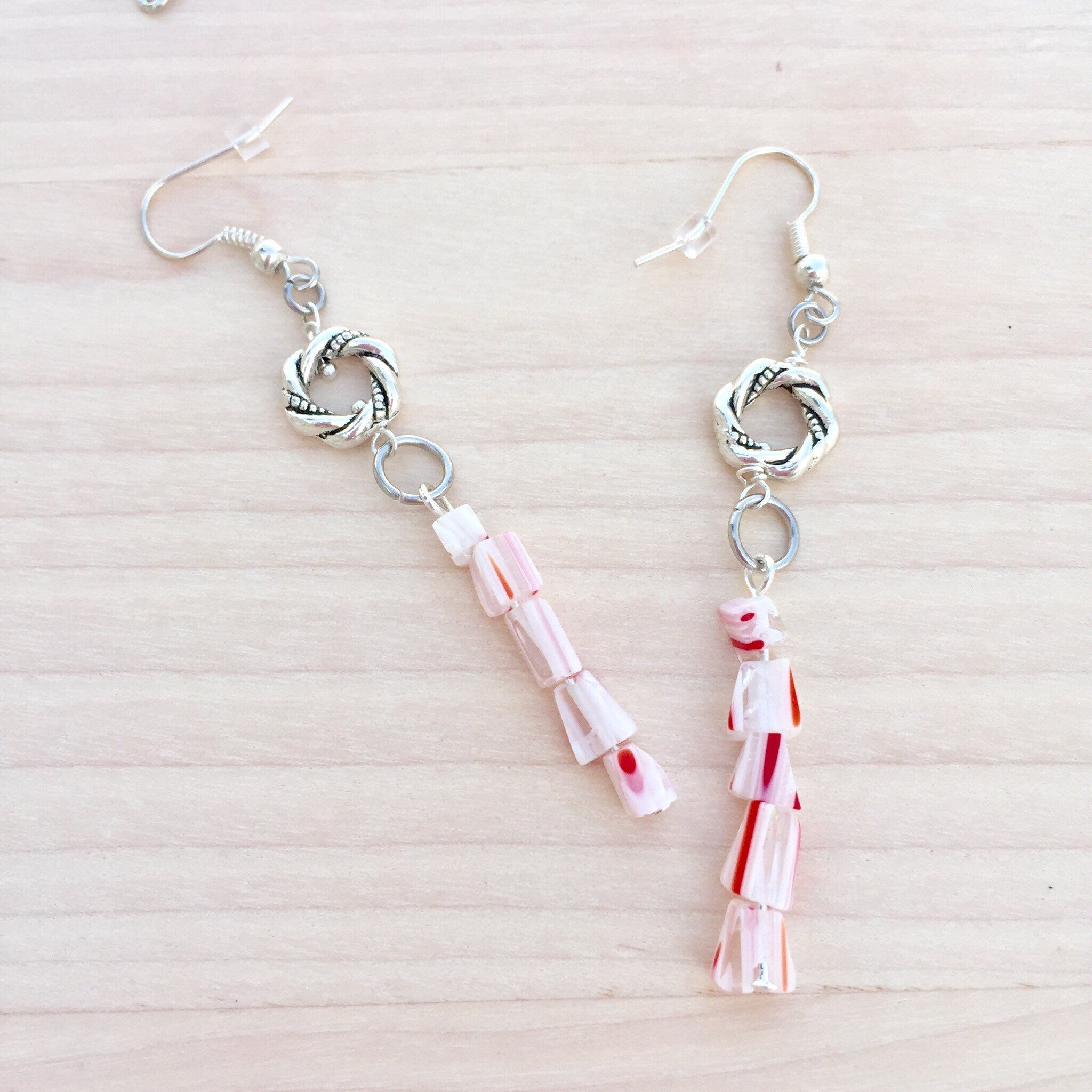 Handmade Candy Cane Glass Bead Earrings, Christmas Holiday Jewelry