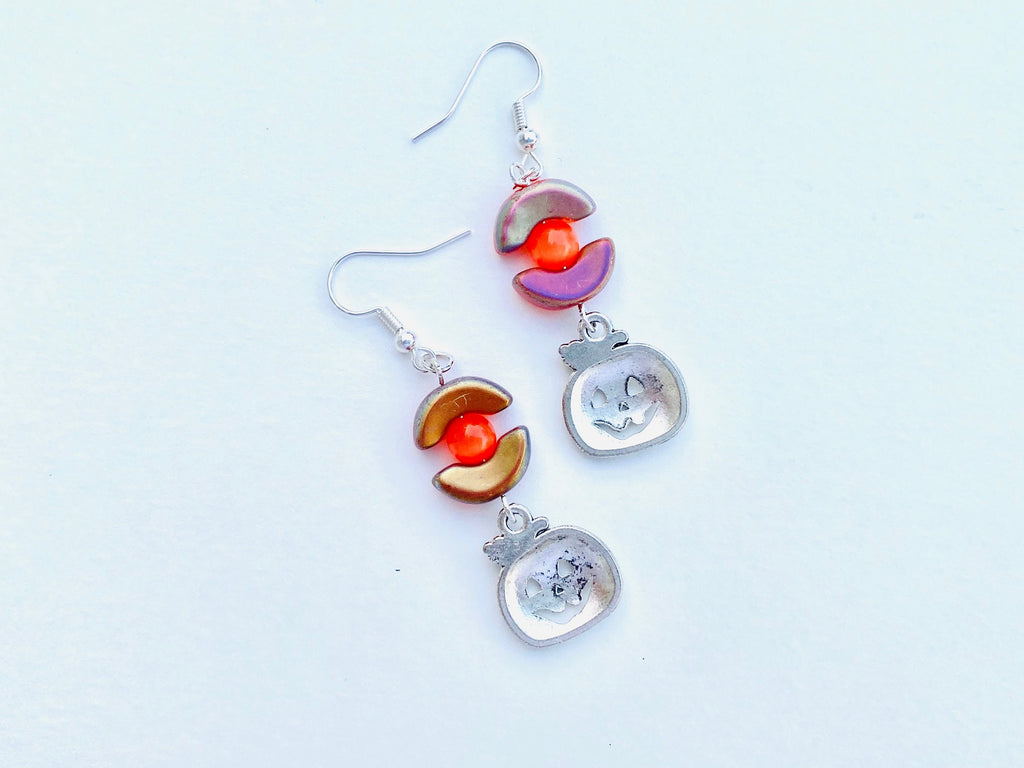 Halloween Pumpkin Earrings, Orange Beads, Silver Plated, Festive