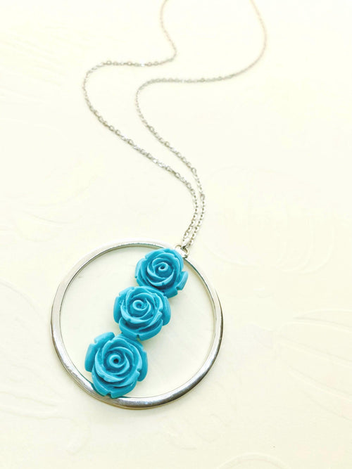 Blue Flower Pendant Necklace, Silver Circle, 30 inch Chain
