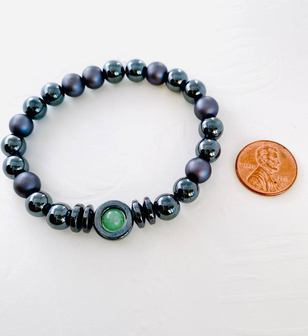 Jade Hematite Gemstone Stretch Bracelet, Unisex Healing Jewelry
