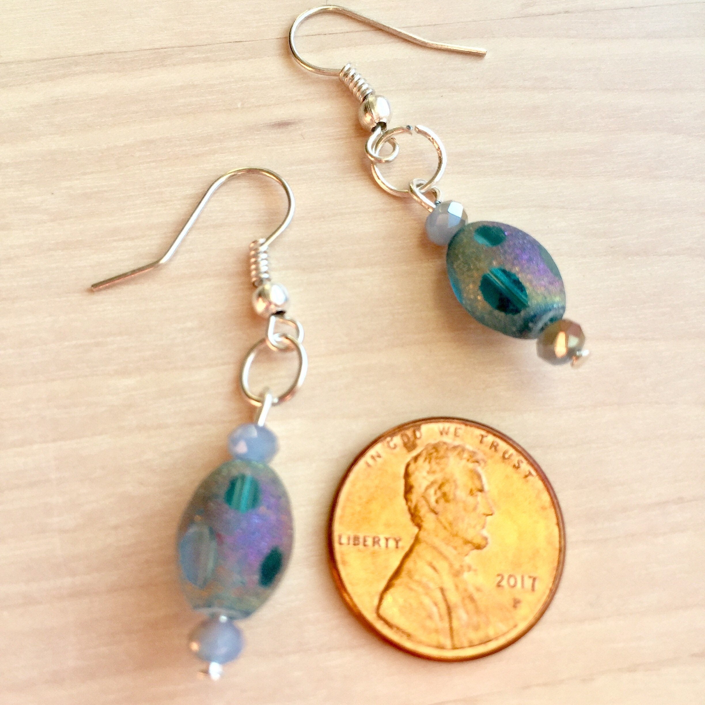 Iridescent Blue Dangle Earrings, Easter Egg Style