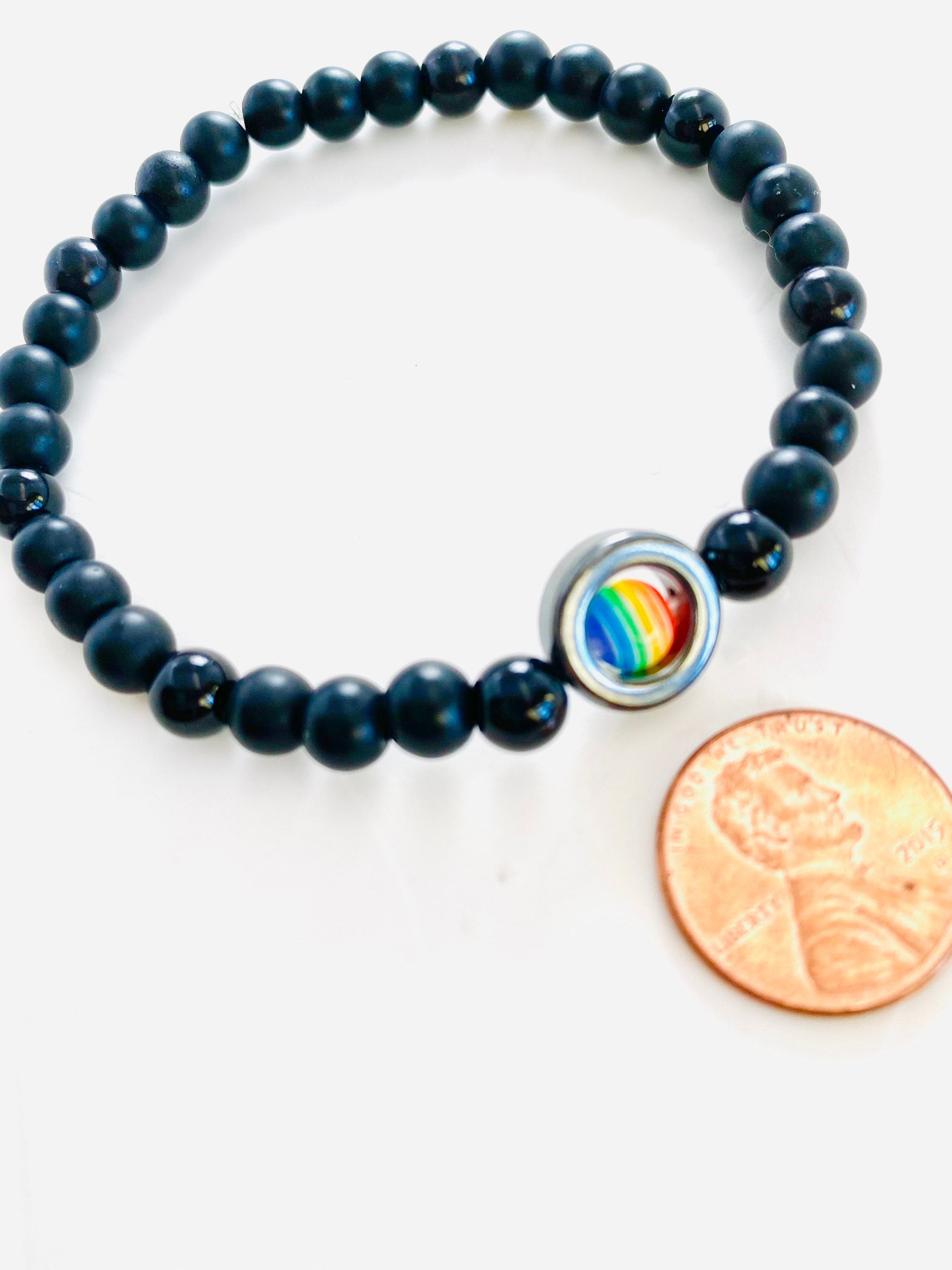Onyx Pride Bracelet, Rainbow Resin Bead, LGBT Stretch Bracelet