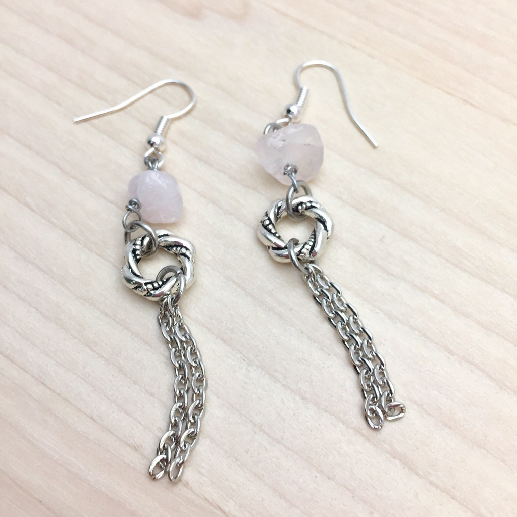 Rose Quartz Dangle Earrings, Silver Plated Chain, Lightweight