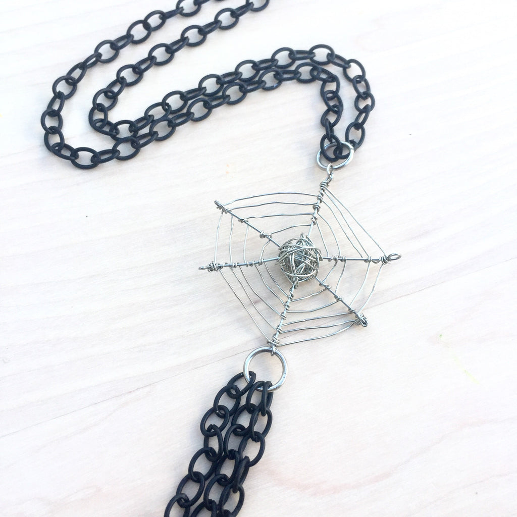 Halloween Spider Web Necklace, Silver Plated, Black Cable Chain