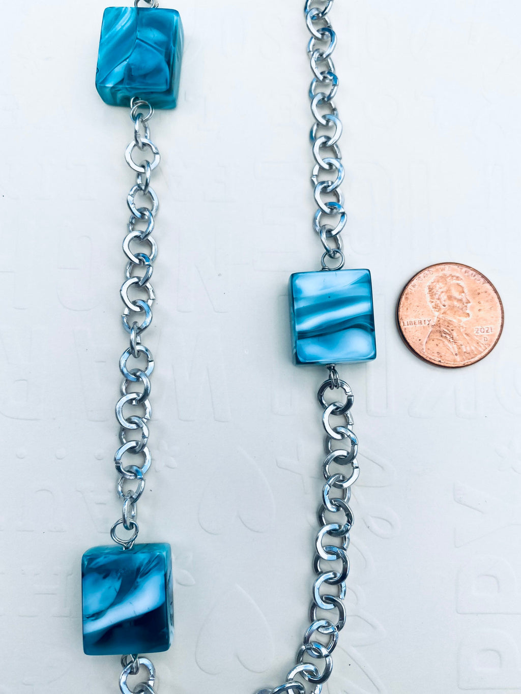 Blue Swirl Glass Bead Necklace, Silver Chain, 32 Inch
