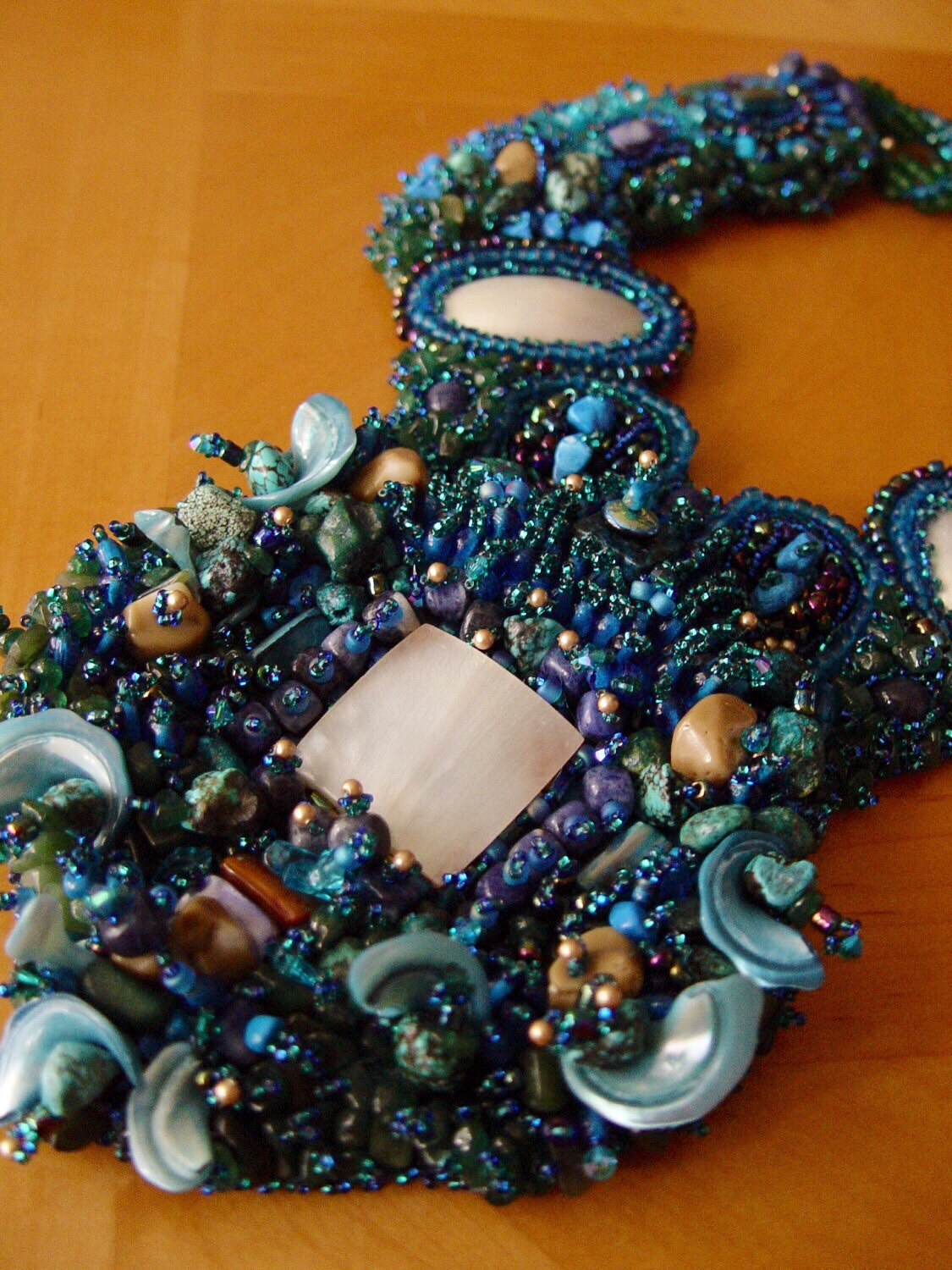 Hand Beaded Gemstone Statement Necklace, Mother of Pearl, Ocean Blue