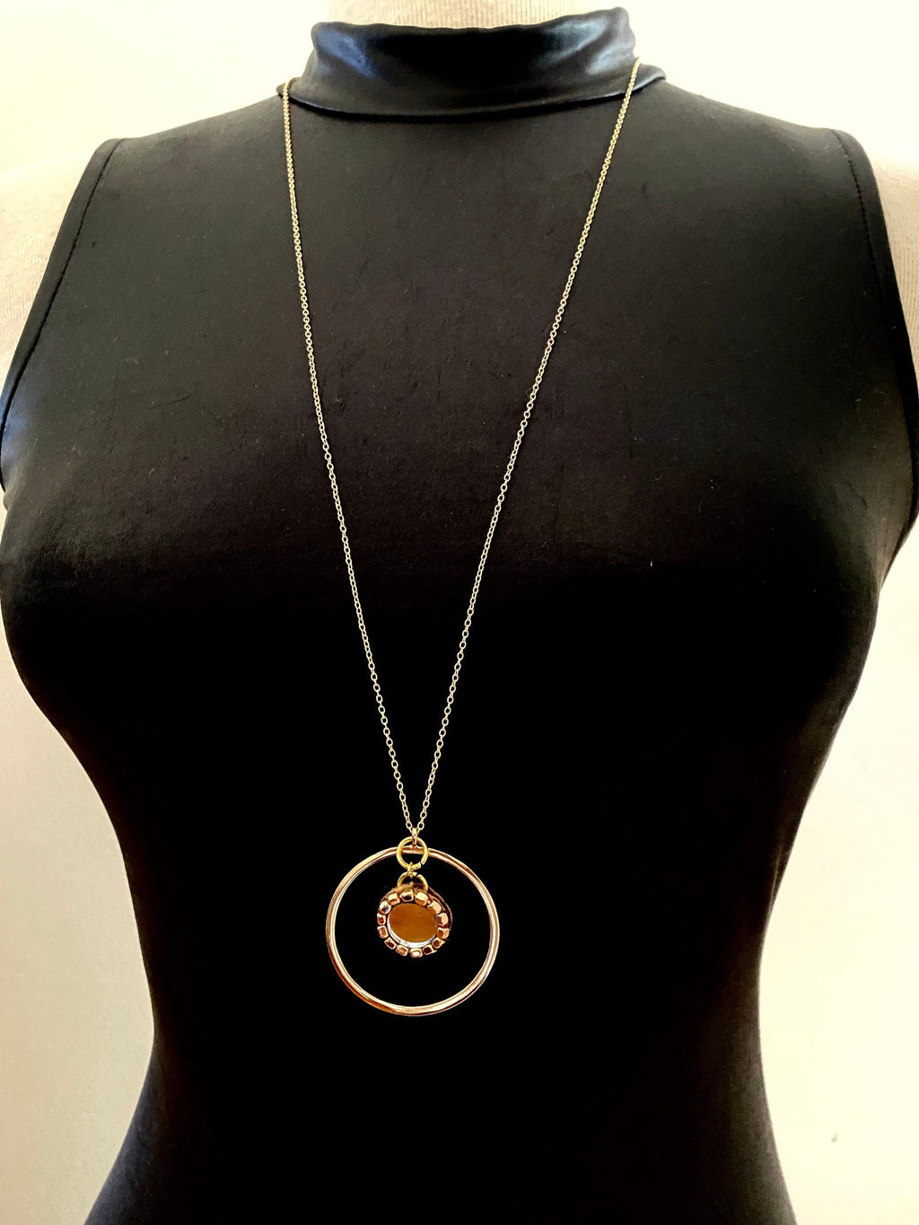 Mirror Pendant Necklace, 30" Gold Plated Circular Necklace