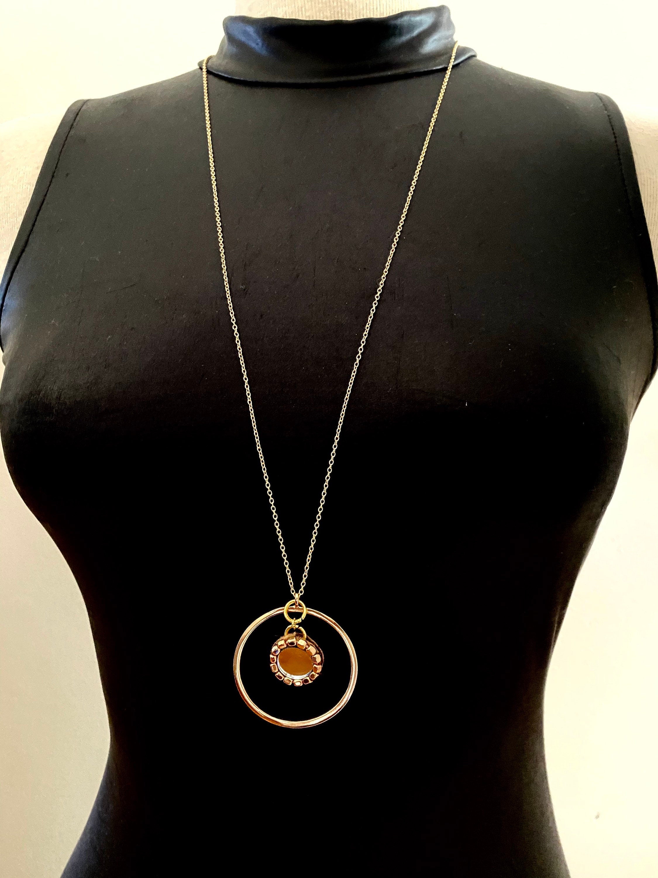 Mirror Pendant Necklace, 30" Gold Plated Circular Necklace