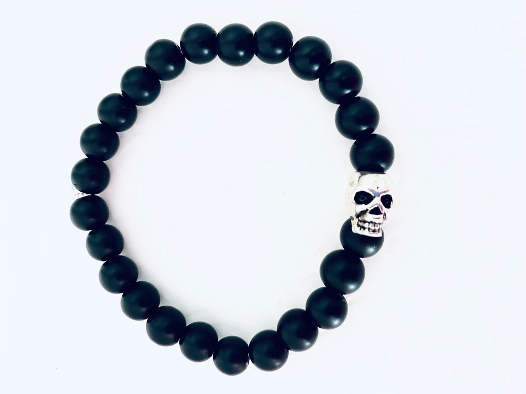 Day of the Dead, Onyx Bracelet, silver skeleton, matte onyx bracelet, unisex stretch bracelet, Gemstone with meaning, great gifts
