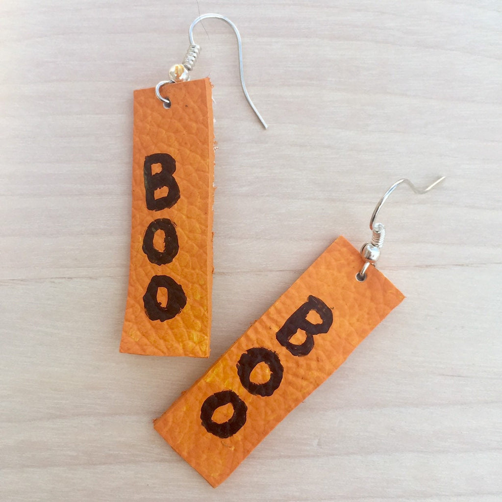Halloween Leather Earrings, Hand-Painted 'Boo' Design, Spooky Chic