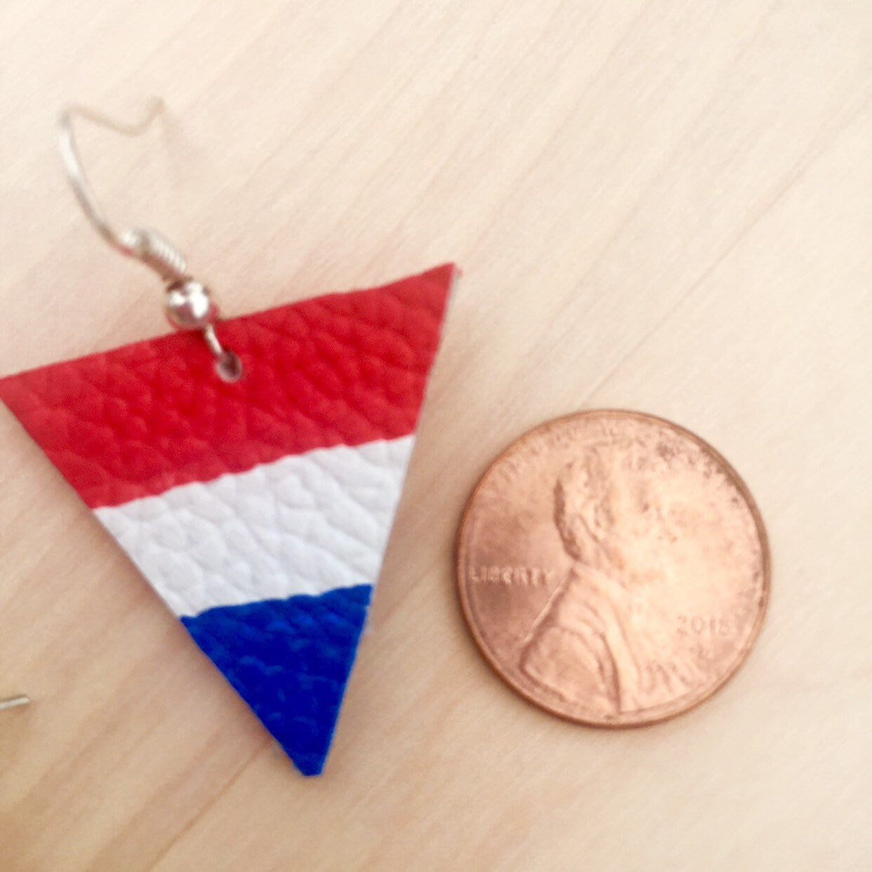 Handmade Leather Triangle Earrings, Red White Blue, Patriotic Jewelry