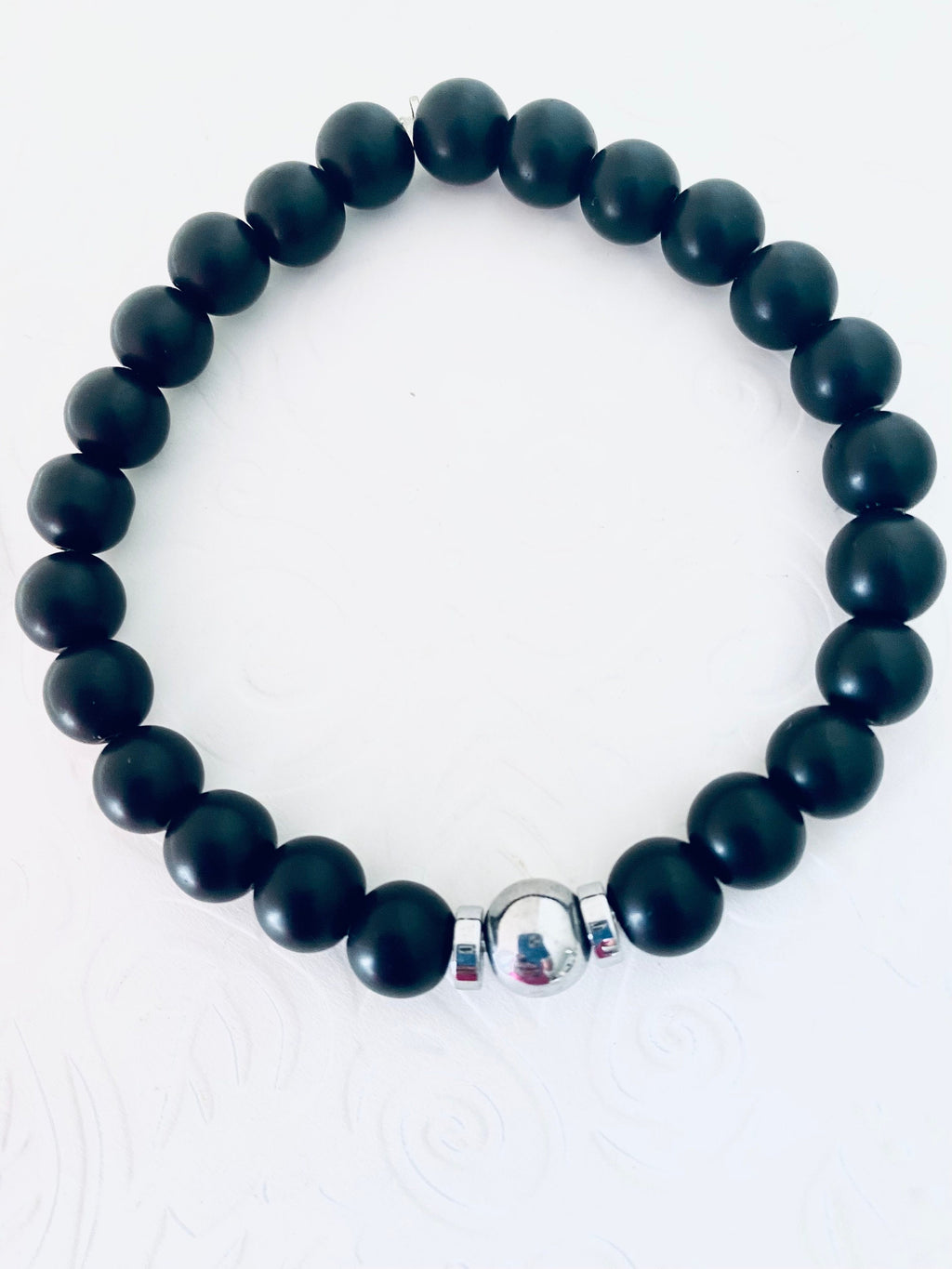 Matte Onyx Gemstone Bracelet, Silver Hematite Focal Bead, Unisex