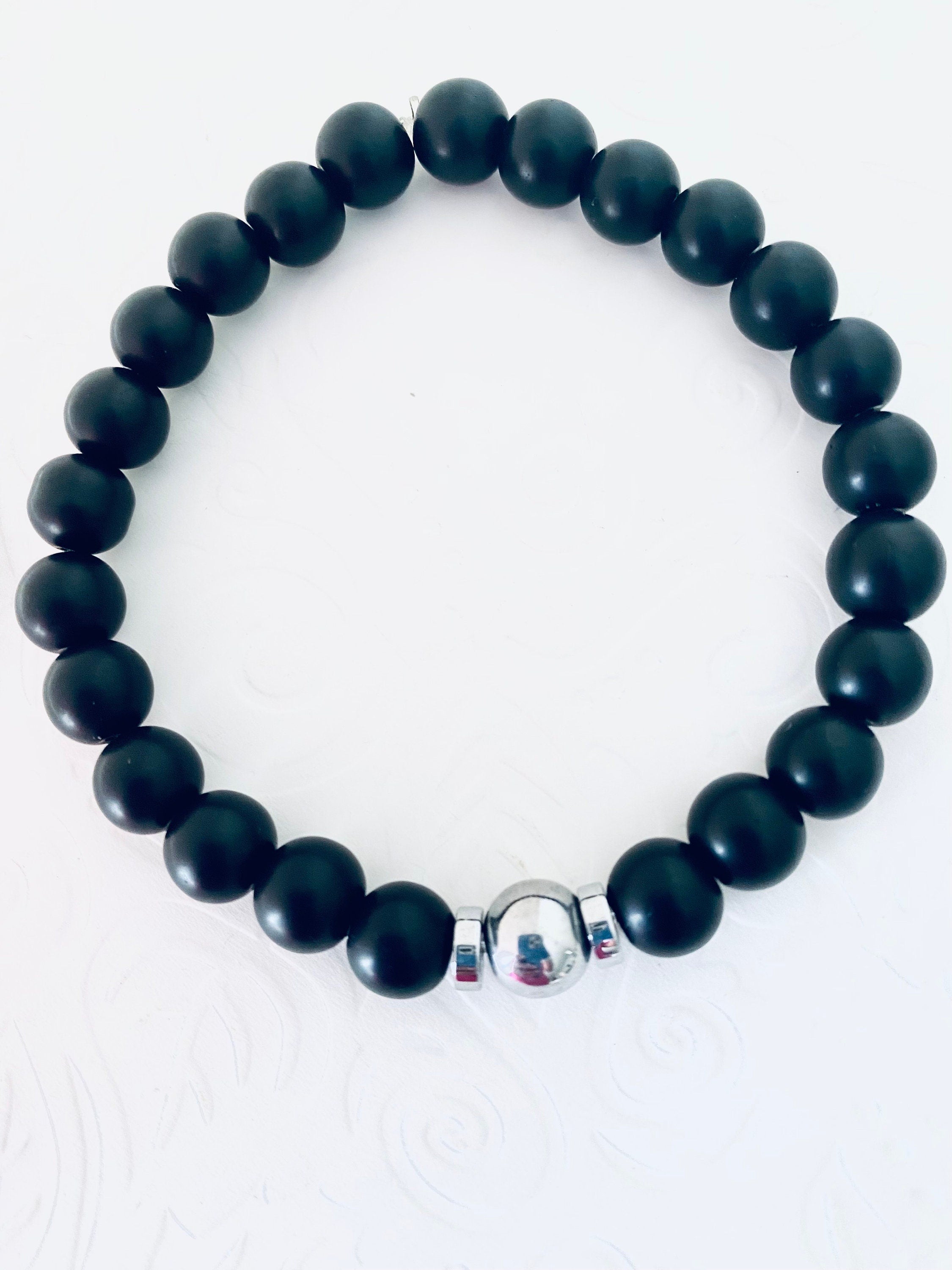 Matte Onyx Gemstone Bracelet, Silver Hematite Focal Bead, Unisex