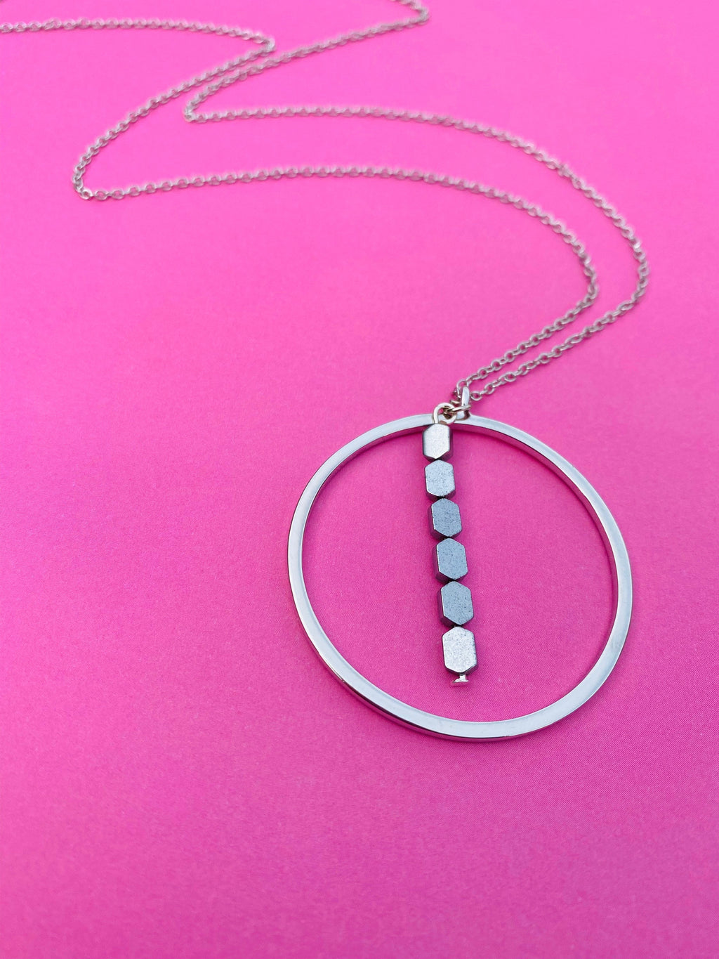 Silver Plated Circular Pendant Necklace with Hematite Beads, 30 Inch