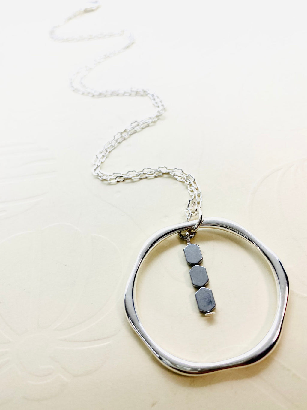 Silver Hexagon Pendant Necklace with Hematite Beads, 30 Inch Chain