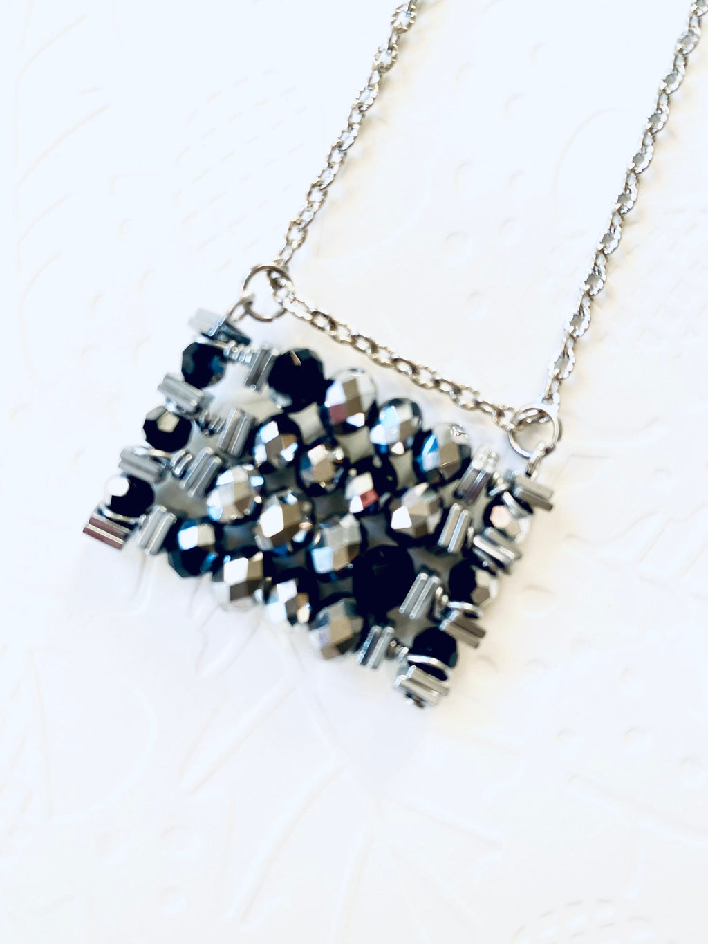 Black Silver Beaded Pendant Necklace, Festive Rectangular Jewelry, 30 Inch Chain
