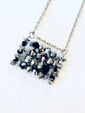 Black Silver Beaded Pendant Necklace, Festive Rectangular Jewelry, 30 Inch Chain