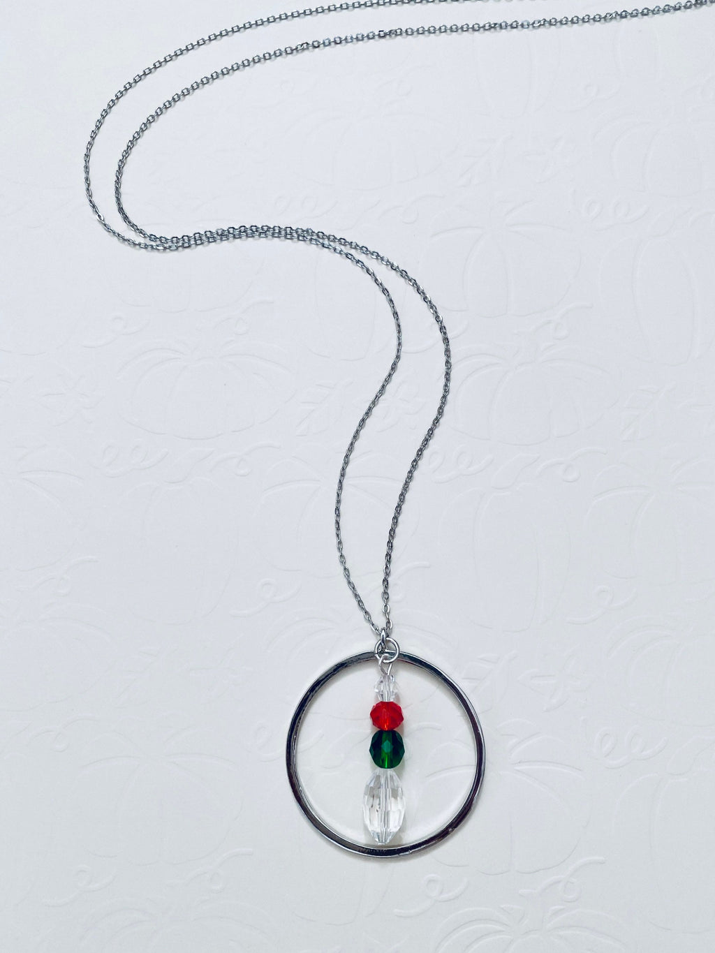 Festive Circular Pendant Necklace, Red Green Crystal Beads, 30 inch Silver Chain