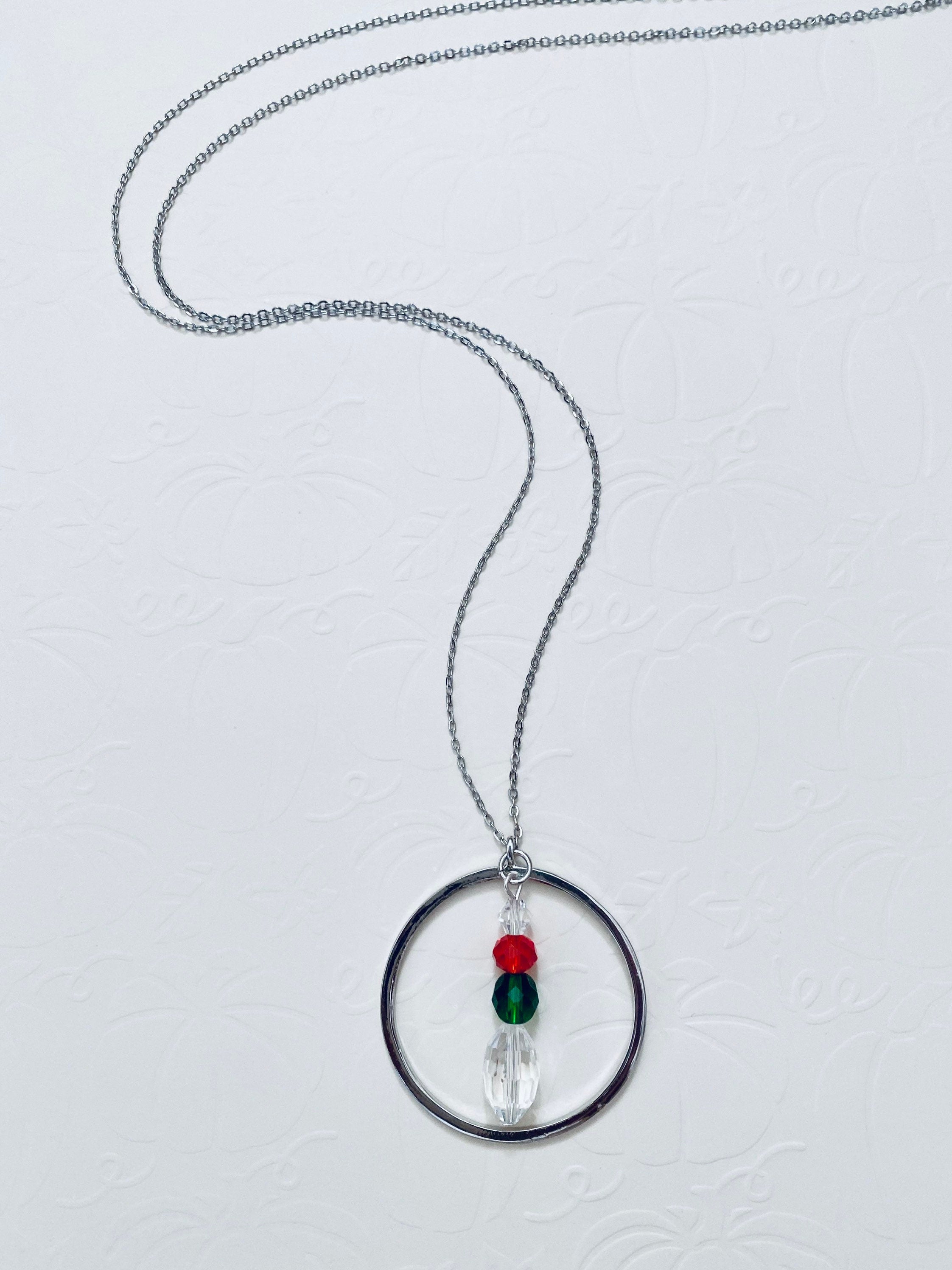 Festive Circular Pendant Necklace, Red Green Crystal Beads, 30 inch Silver Chain