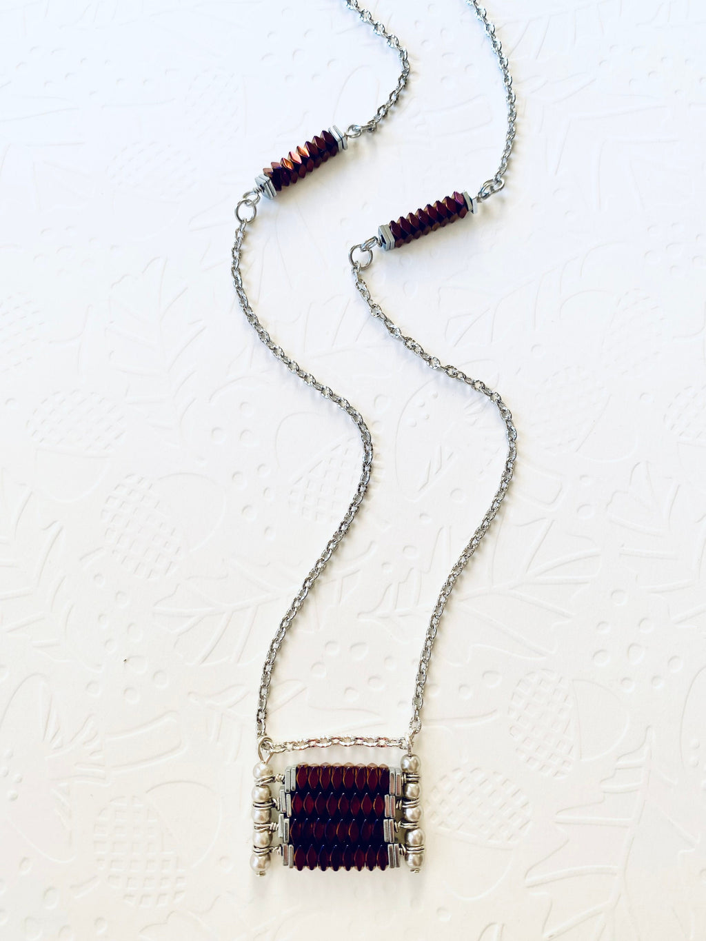 Burgundy Beaded Pendant Necklace, Silver Plated Chain, Festive Jewelry