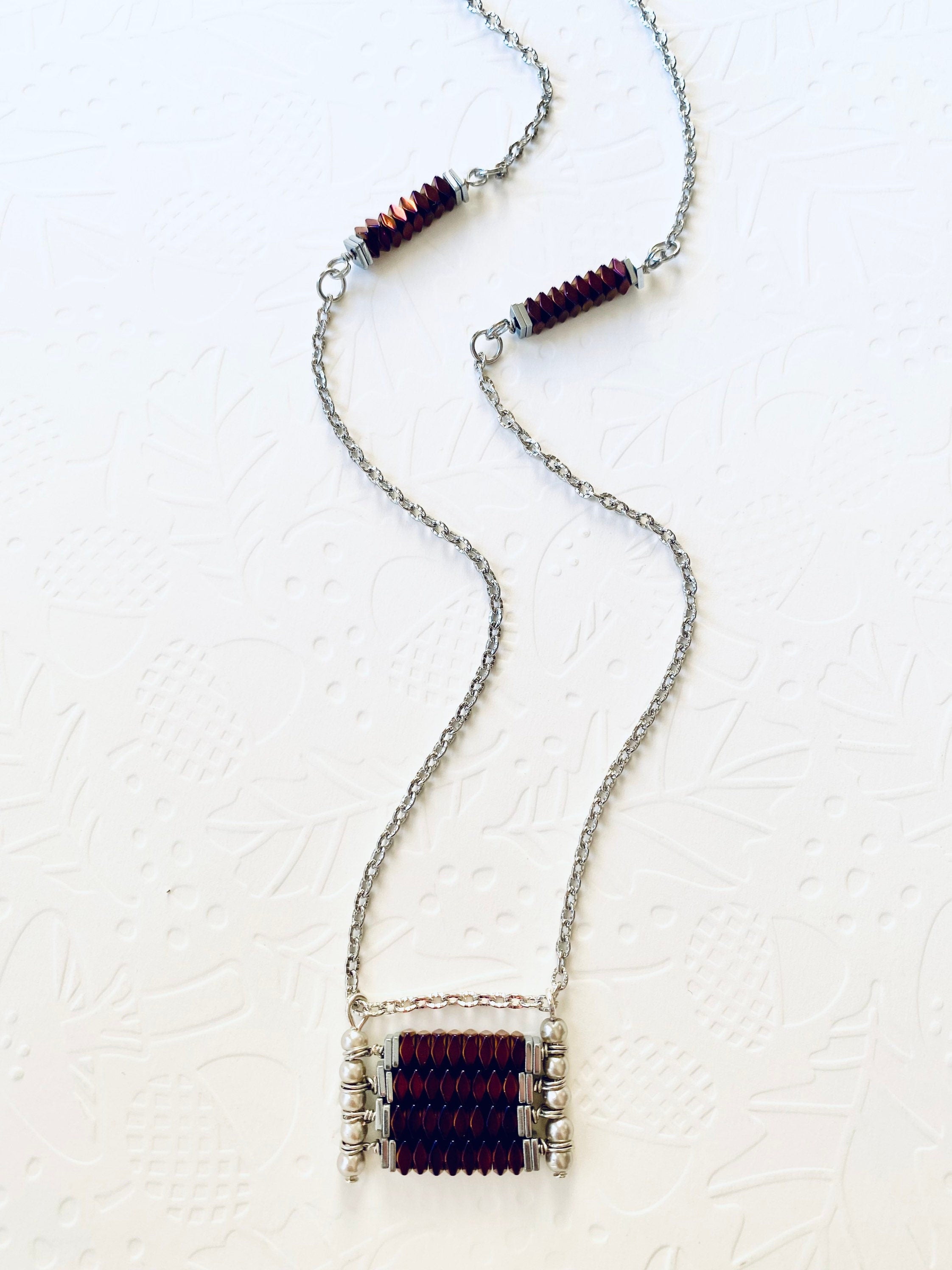Burgundy Beaded Pendant Necklace, Silver Plated Chain, Festive Jewelry