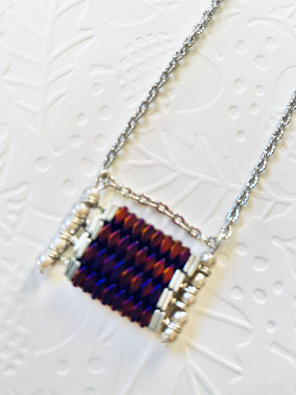 Burgundy Beaded Pendant Necklace, Silver Plated Chain, Festive Jewelry