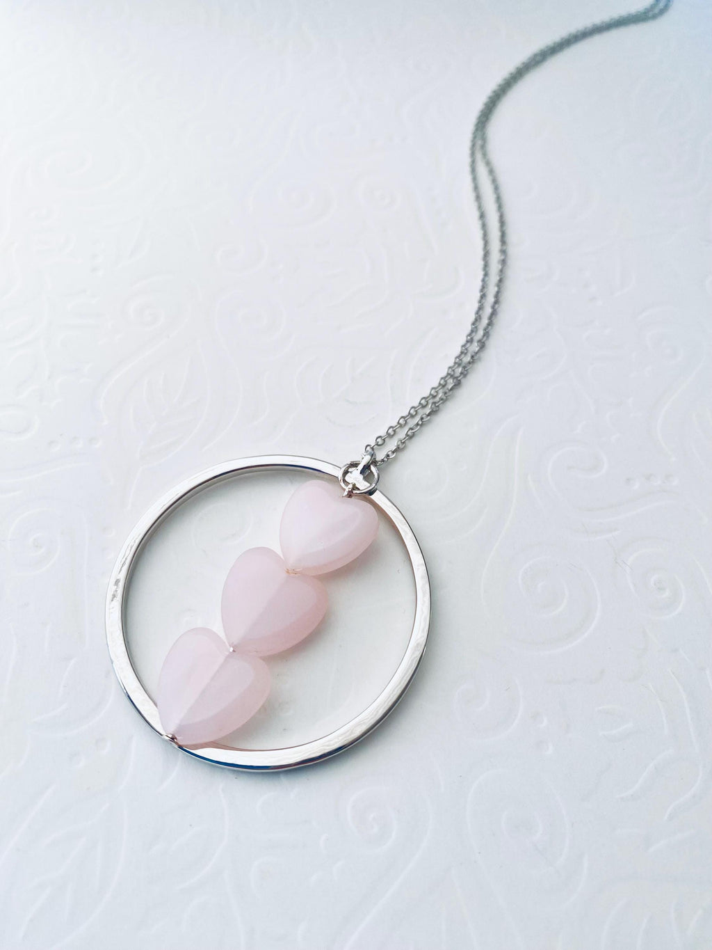Pink Glass Heart Pendant Necklace, Silver Plated Chain, 30 Inch