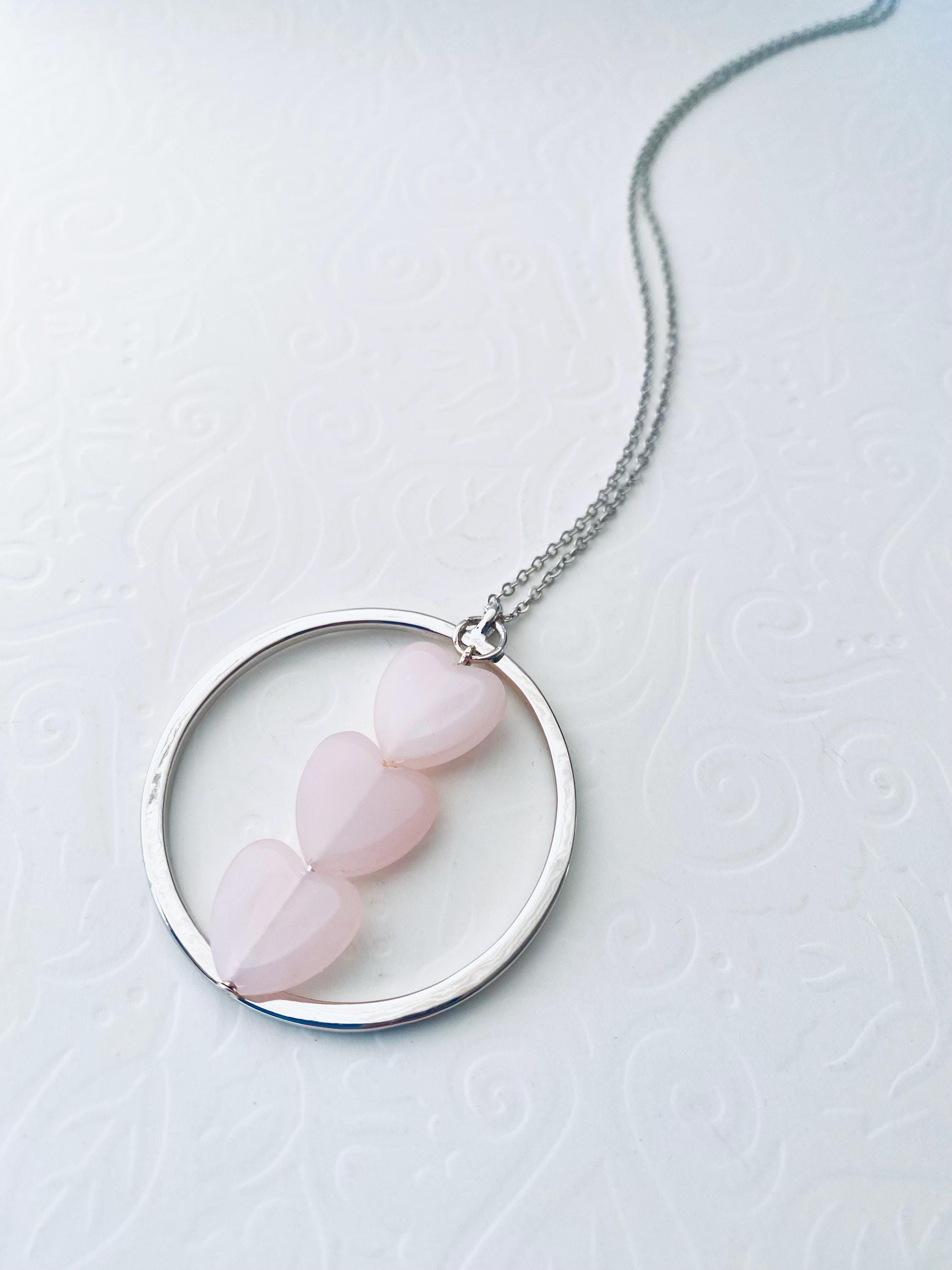 Pink Glass Heart Pendant Necklace, Silver Plated Chain, 30 Inch