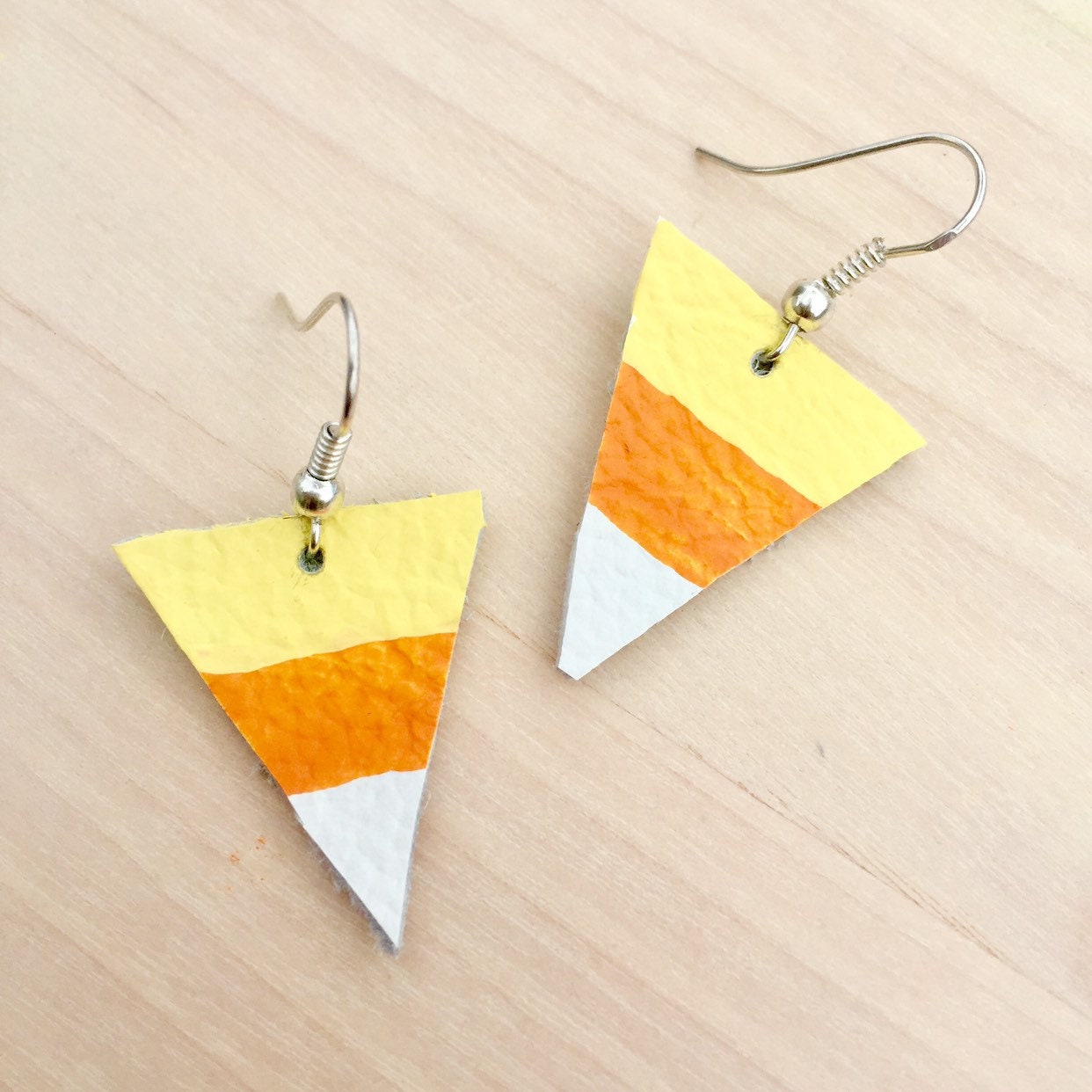Candy Corn Leather Earrings, Hand-Painted Halloween Jewelry
