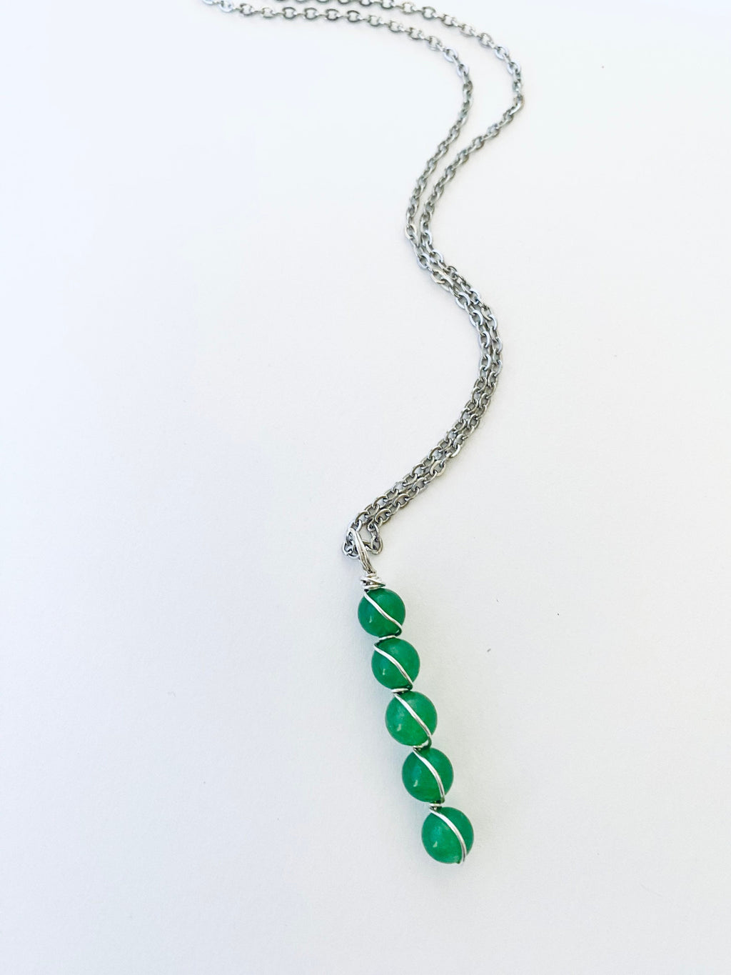 Green Jade Gemstone Necklace, Sterling Silver Wire Wrapped, Spiritual Jewelry