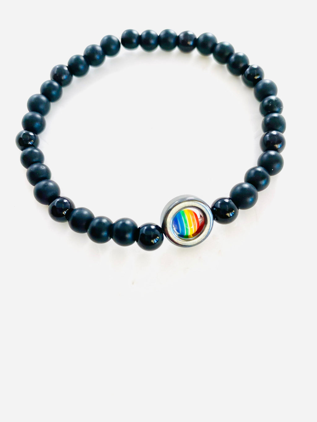 Onyx Pride Bracelet, Rainbow Resin Bead, LGBT Stretch Bracelet