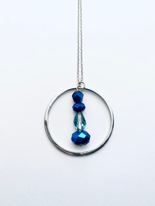 Blue Iridescent Beaded Pendant Necklace, Silver Plated, 30 Inch