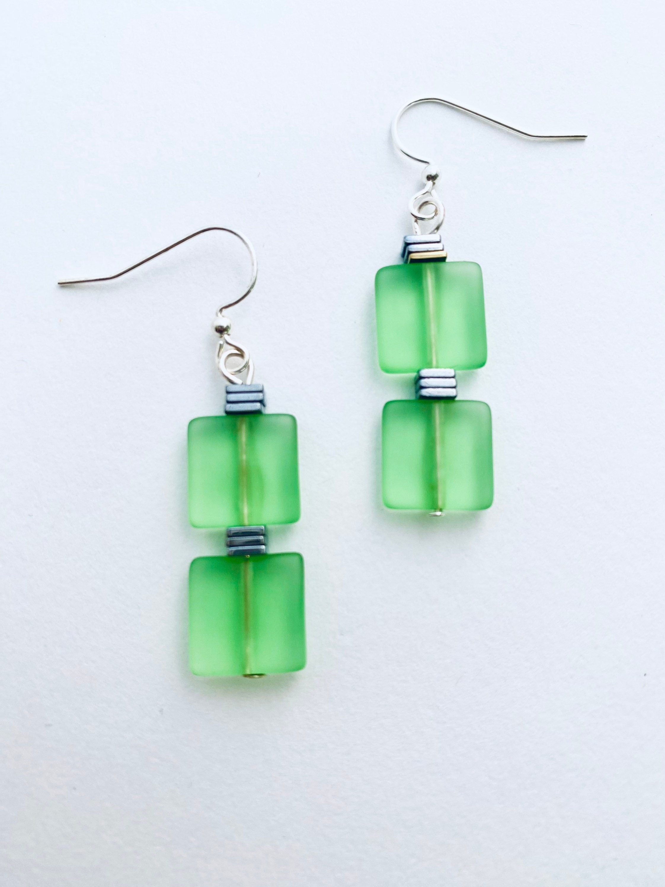Green Sea Glass Dangle Earrings, Silver Plated Components