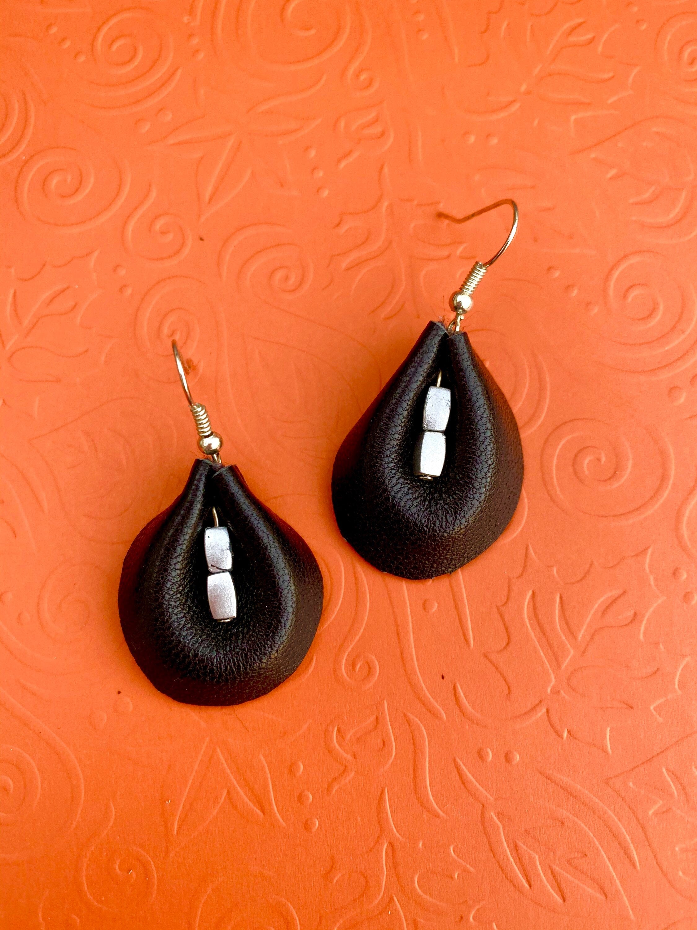 Black leather earrings, teardrop leather earrings, Fall leather earrings, black and silver leather earrings, sexy leather, gift ideas, soft