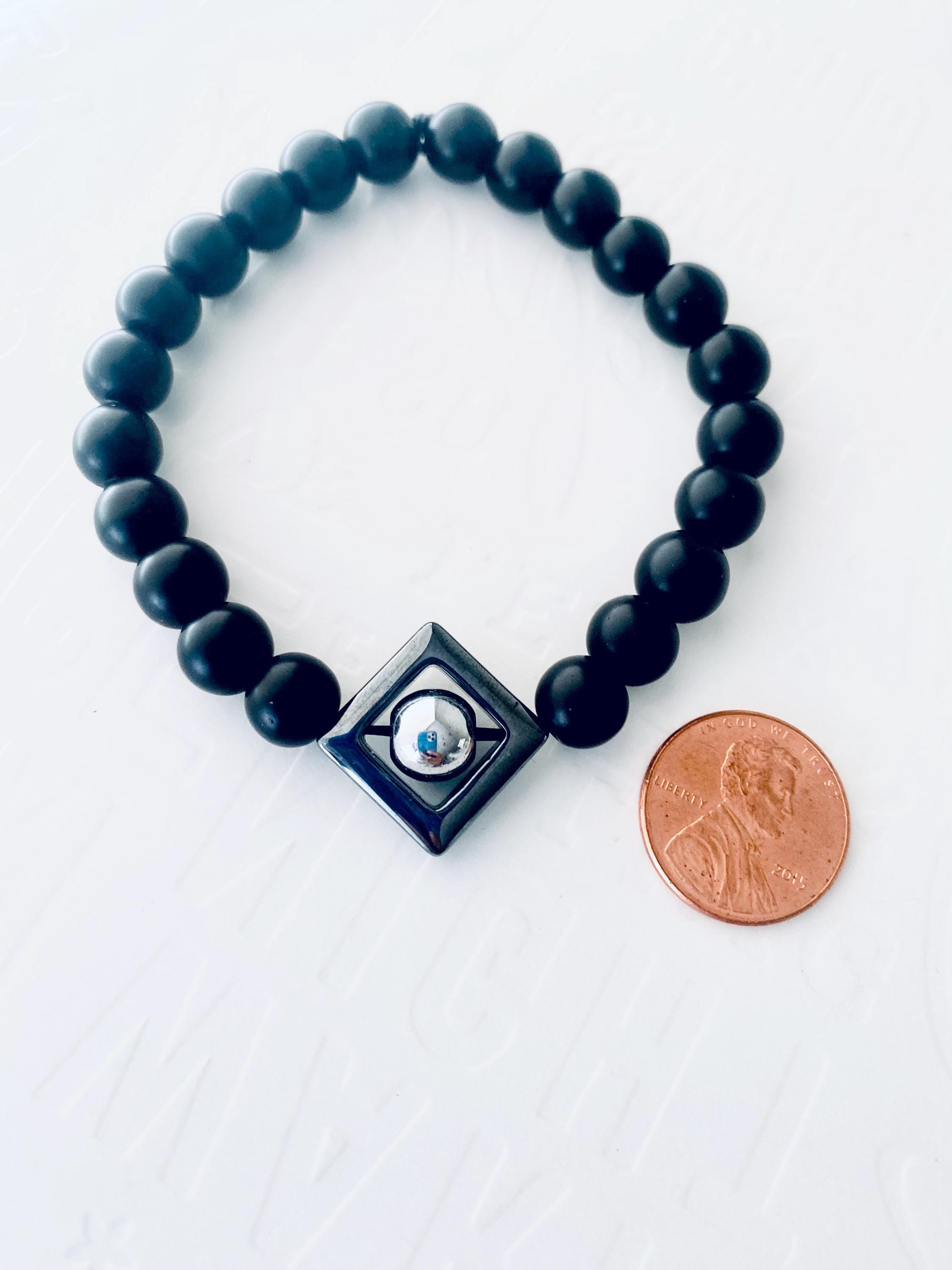Onyx Gemstone Bracelet, Hematite Triangle Focal, Unisex Stretch