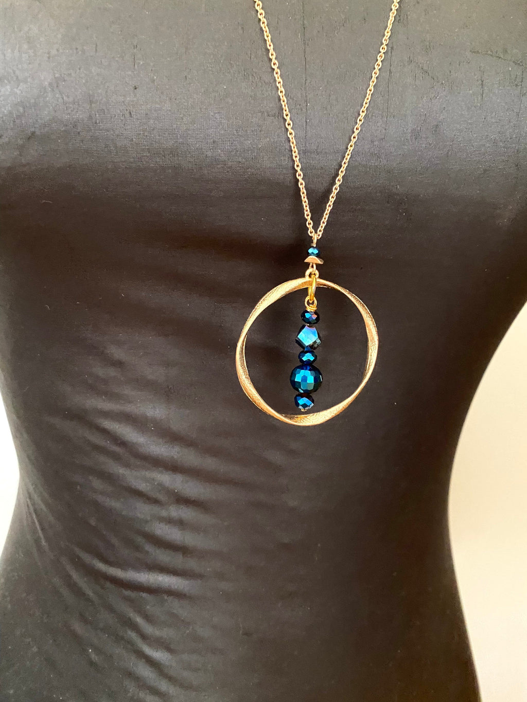 Royal Blue Crystal Pendant Necklace, Gold Plated Circular Necklace, 30 Inch