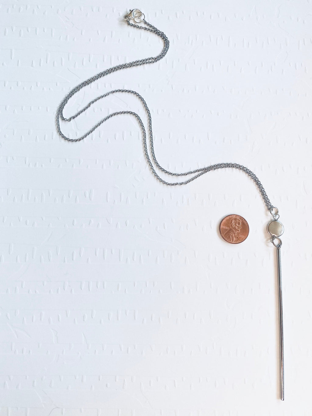 Silver Bar Pendant Necklace, Long Cable Chain, Bead Accent